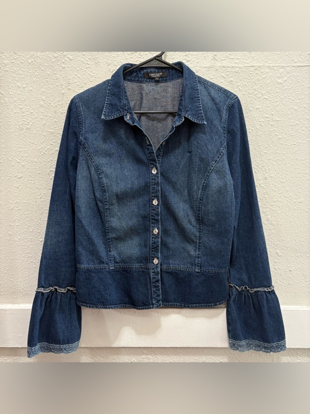 Karen Kane Lifestyle Denim Top Crochet Trim Bell Sleeves Button Front Top L